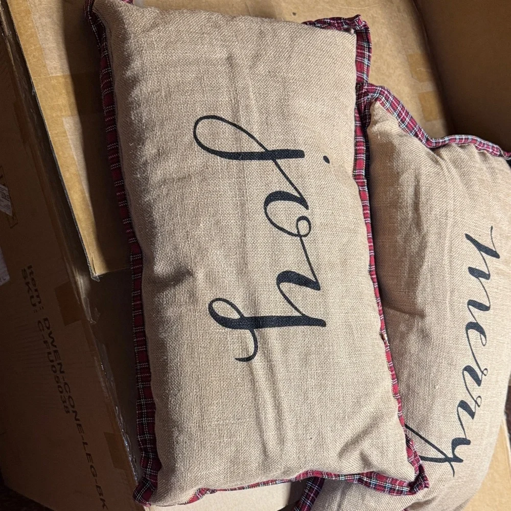 Holiday 'Merry' and 'Joy' Decorative Burlap Throw Pillows with Red Plaid Trim